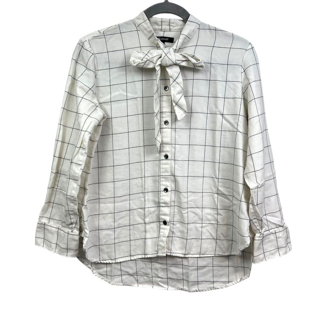 Madewell Women Flannel Blouse Windowpane Tie Neck Long Sleeve White Black Sz XS*